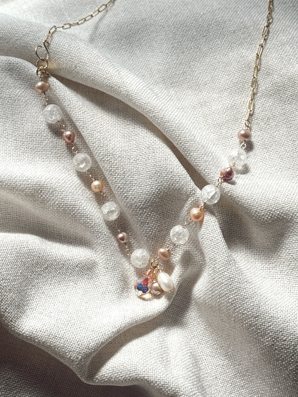Rosé Quartz & Freshwater Pearl Lariat Necklace – Convertible Tie/Layered Style