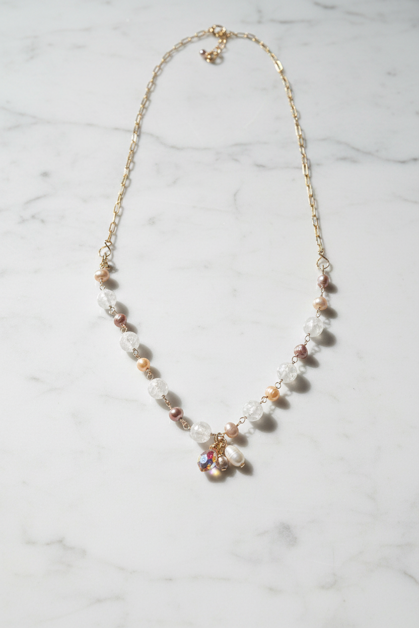 Rosé Quartz & Freshwater Pearl Lariat Necklace – Convertible Tie/Layered Style