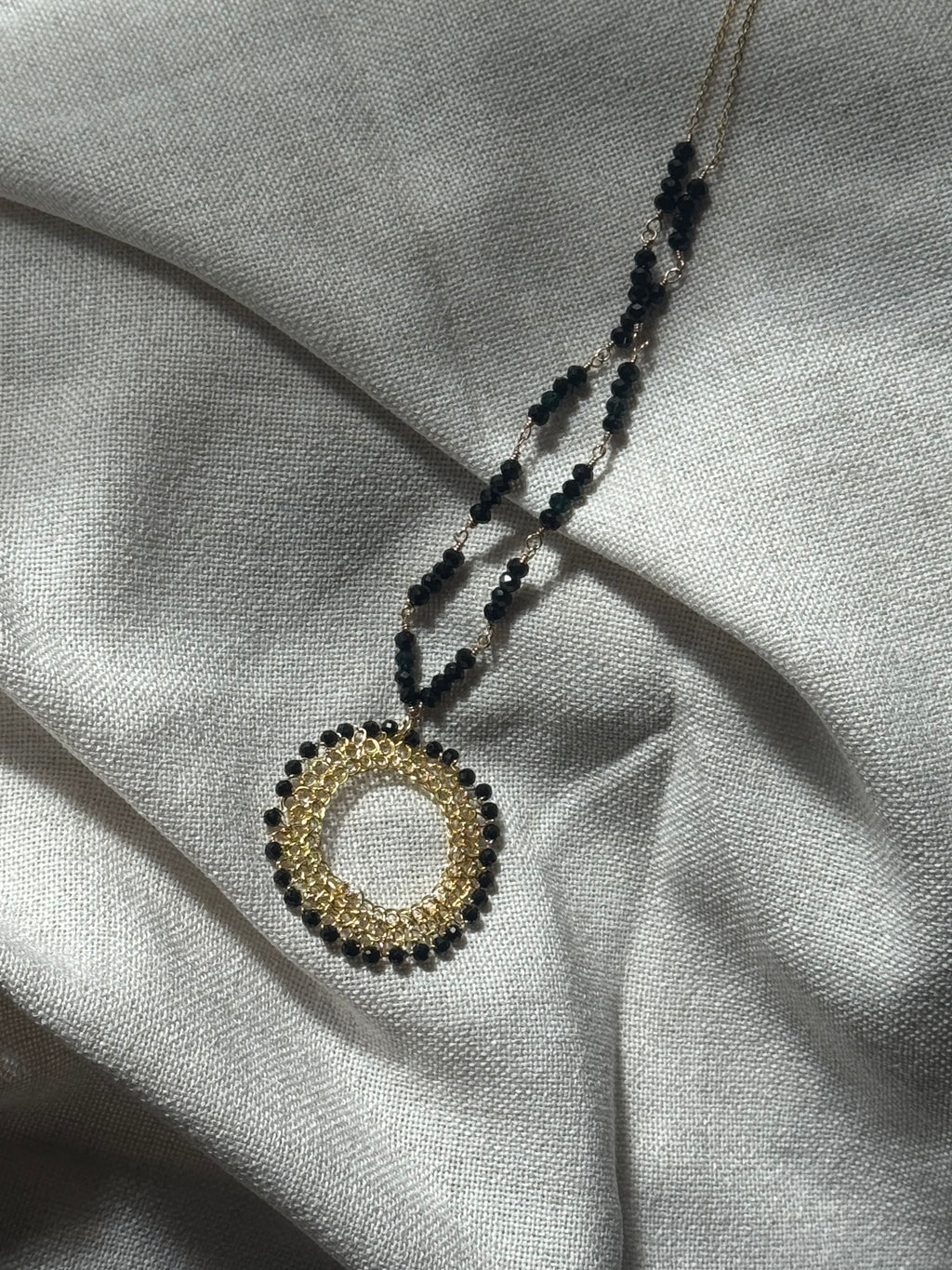 Black Onyx & Gold Circle Pendant Necklace – Statement Minimalist Elegance