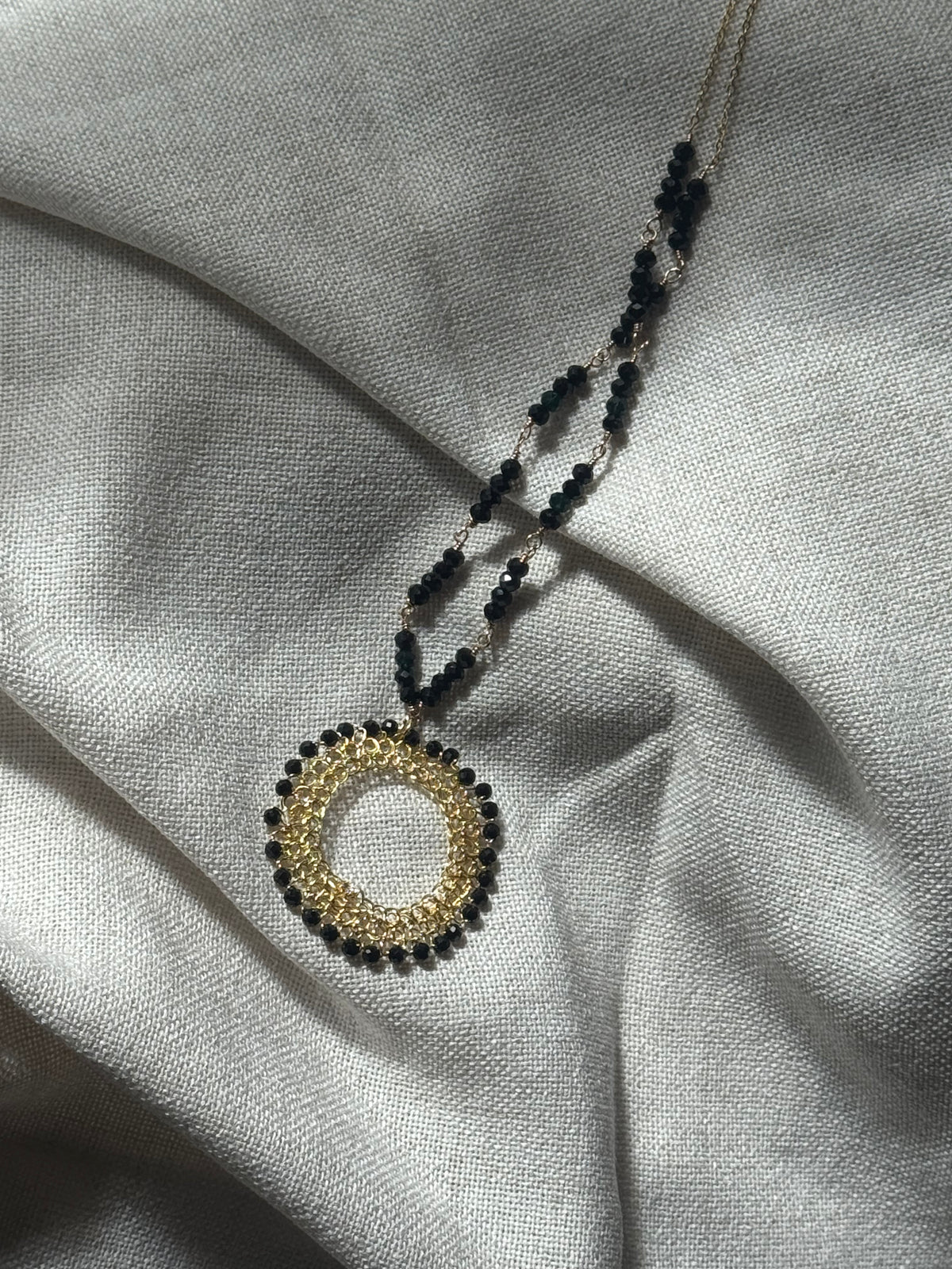 Black Onyx & Gold Circle Pendant Necklace – Statement Minimalist Elegance