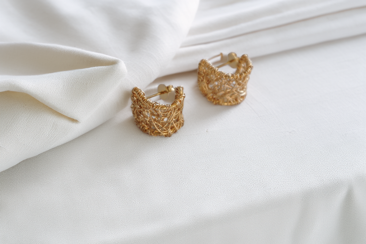 LatticeGlow Mini Hoops – Hand-Woven Gold Wire Statement Huggies