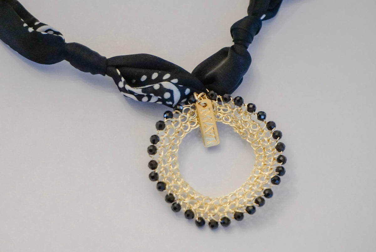MidnightBloom Necklace – Silk Ribbon Collar with Gold & Pearl Medallion