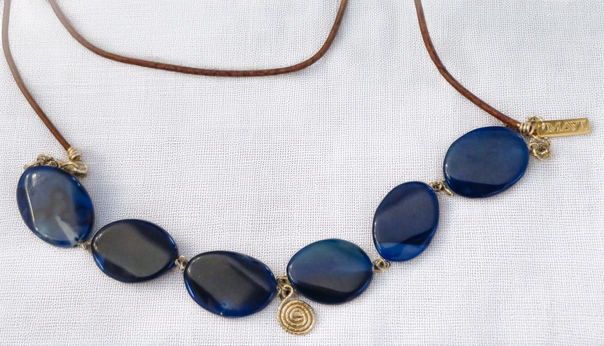 Marina Spiral Necklace – Blue Agate & Leather Charm Piece