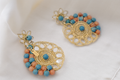 CoralMar Earrings – Gold Spiral Drops with Turquoise & Coral Beads