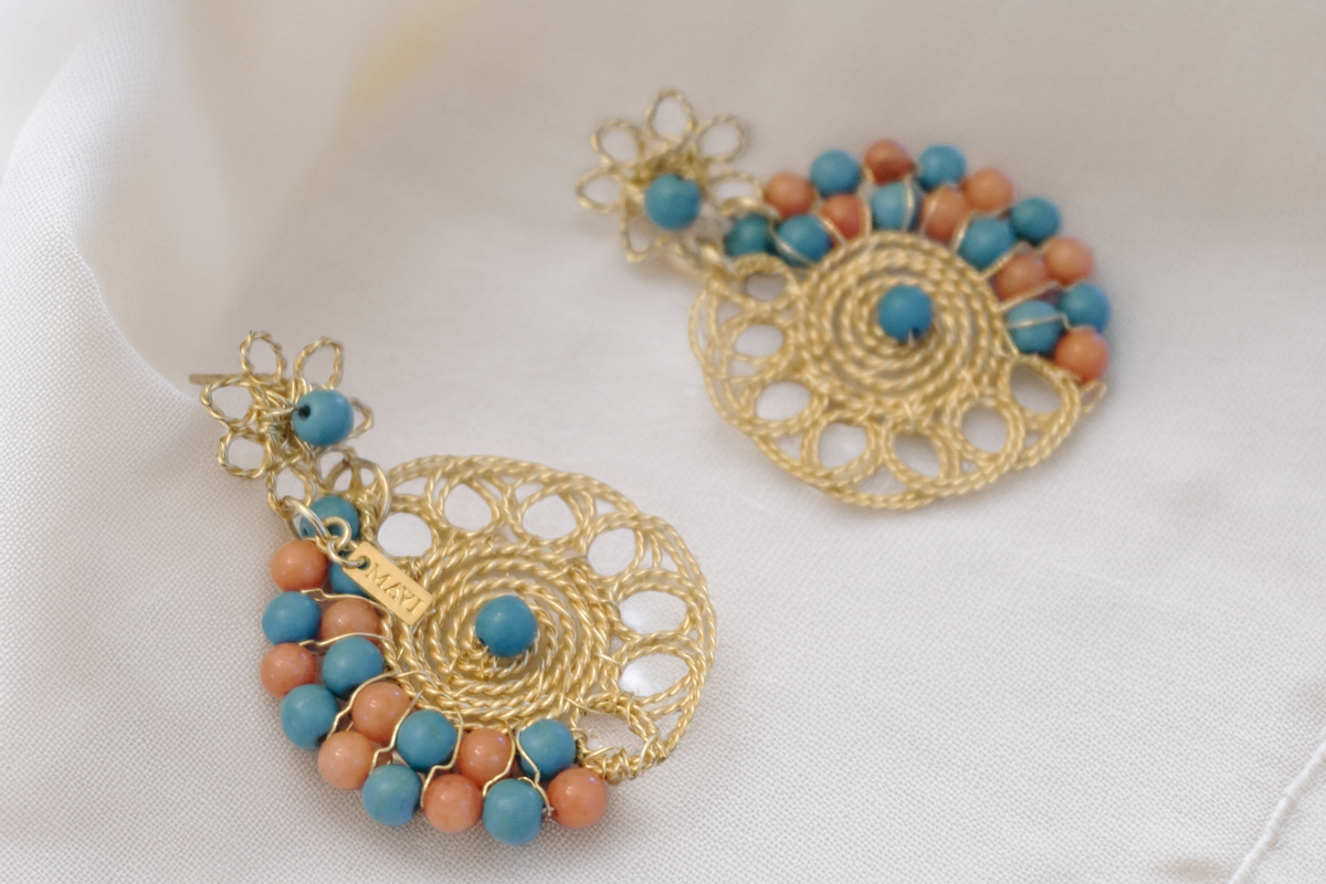 CoralMar Earrings – Gold Spiral Drops with Turquoise & Coral Beads