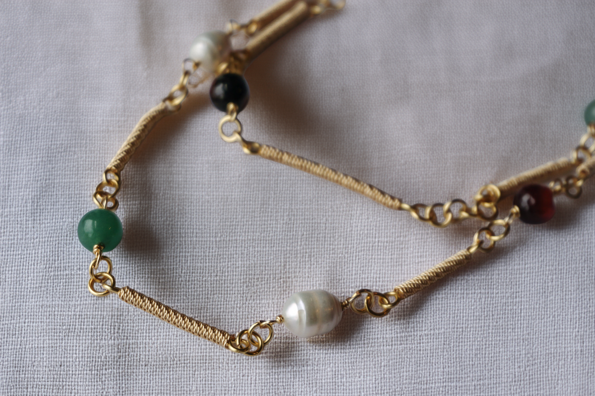 GemFest Necklace – Gold Chain with Pearls & Multicolor Gemstone Accents