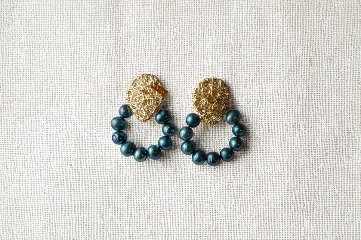 TealLuna Hoops – Gold Wire Studs with Deep Teal Pearl Drops