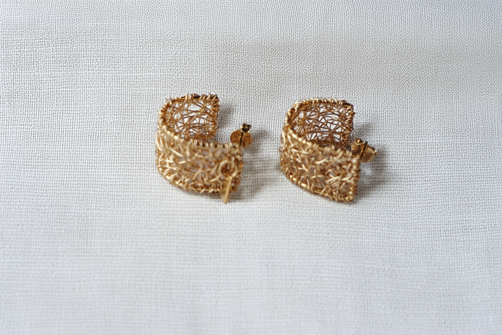LatticeCuff Hoops – Wide Hand-Woven Gold Wire Mini Hoops