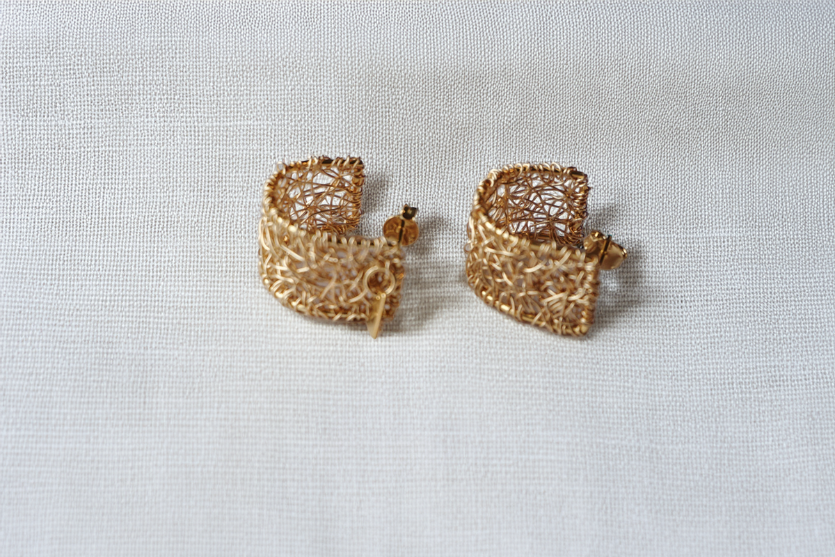 LatticeCuff Hoops – Wide Hand-Woven Gold Wire Mini Hoops