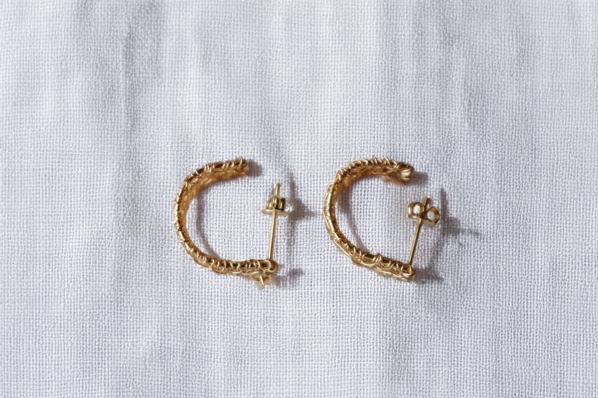 LatticeCuff Hoops – Wide Hand-Woven Gold Wire Mini Hoops