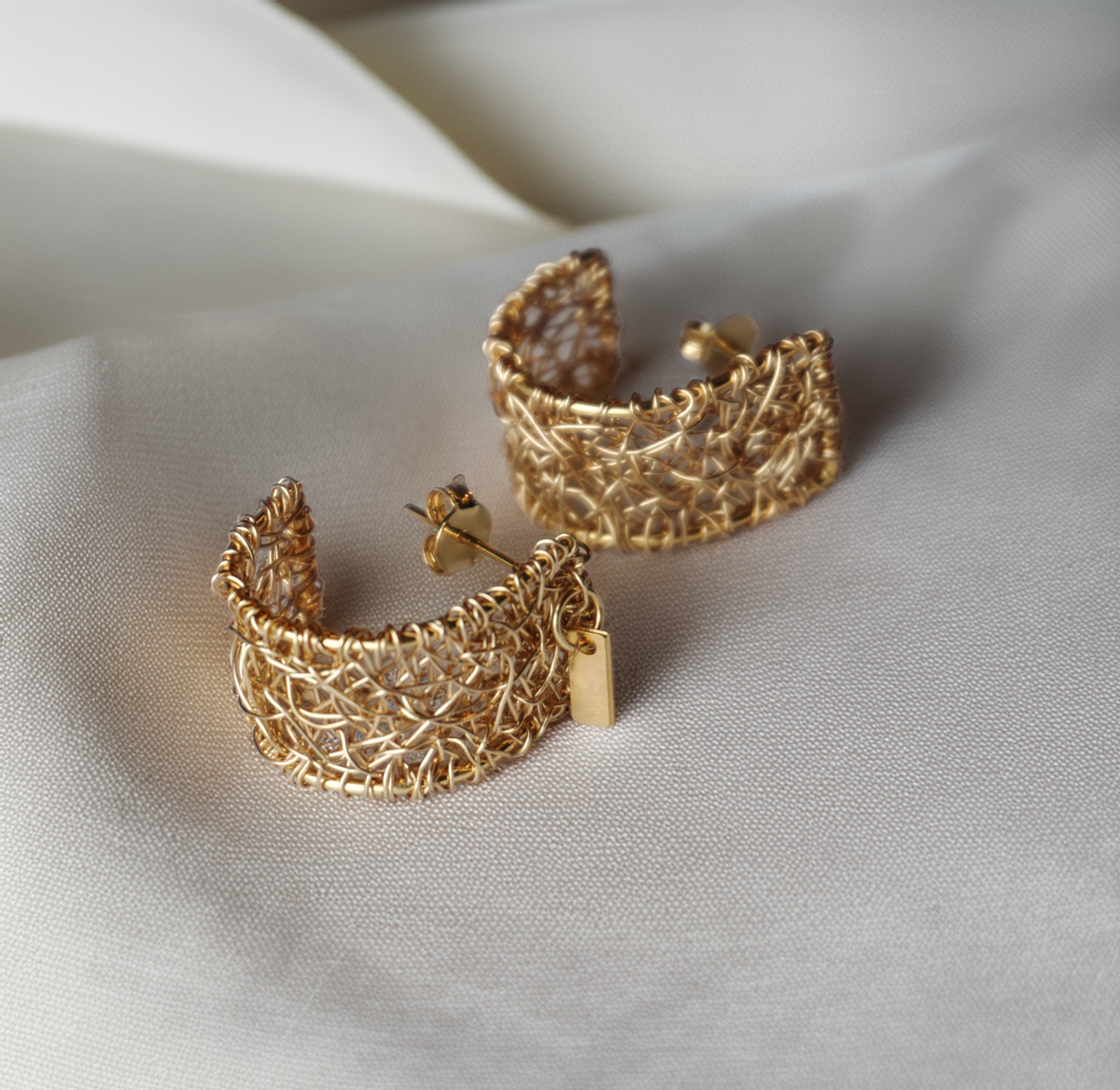 LatticeCuff Hoops – Wide Hand-Woven Gold Wire Mini Hoops