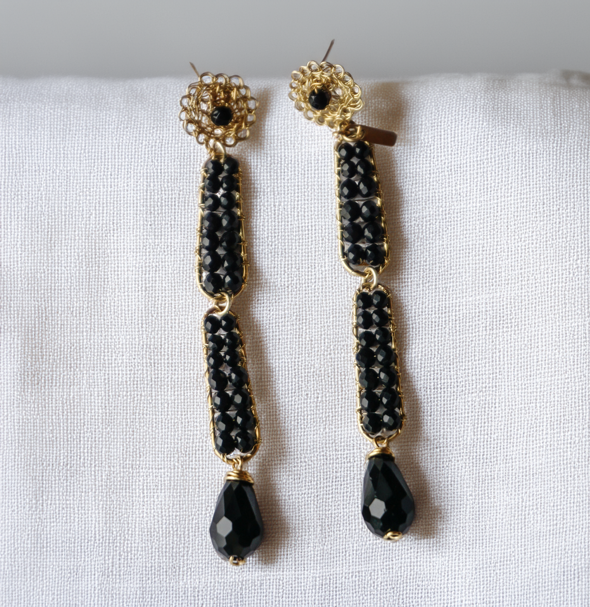 NoirCascade Drops – Black Crystal Long Statement Earrings