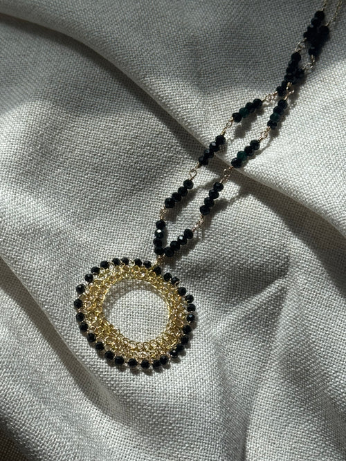 Black Onyx & Gold Circle Pendant Necklace – Statement Minimalist Elegance