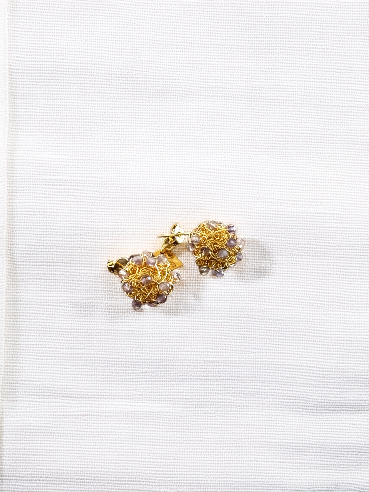 Bloom Stud Earrings – Handmade Gold Crochet with Natural Lilac Stones