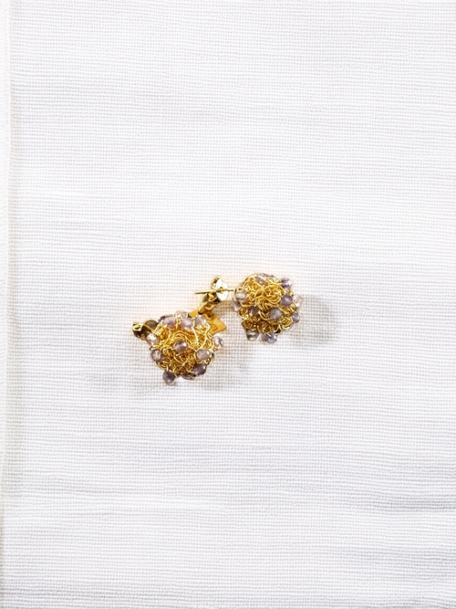 Bloom Stud Earrings – Handmade Gold Crochet with Natural Lilac Stones