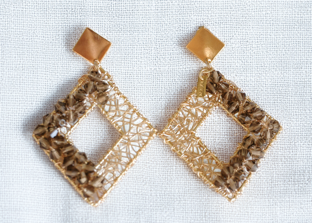 Leonette Earrings – Geometric Diamond Drop with Smoky Crystals