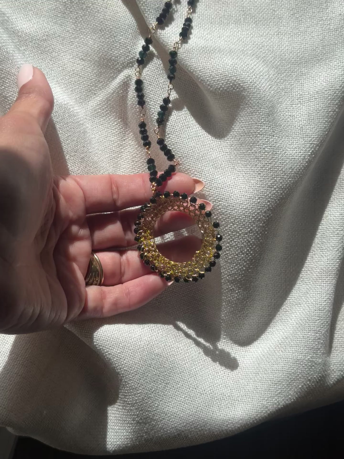 Black Onyx & Gold Circle Pendant Necklace – Statement Minimalist Elegance
